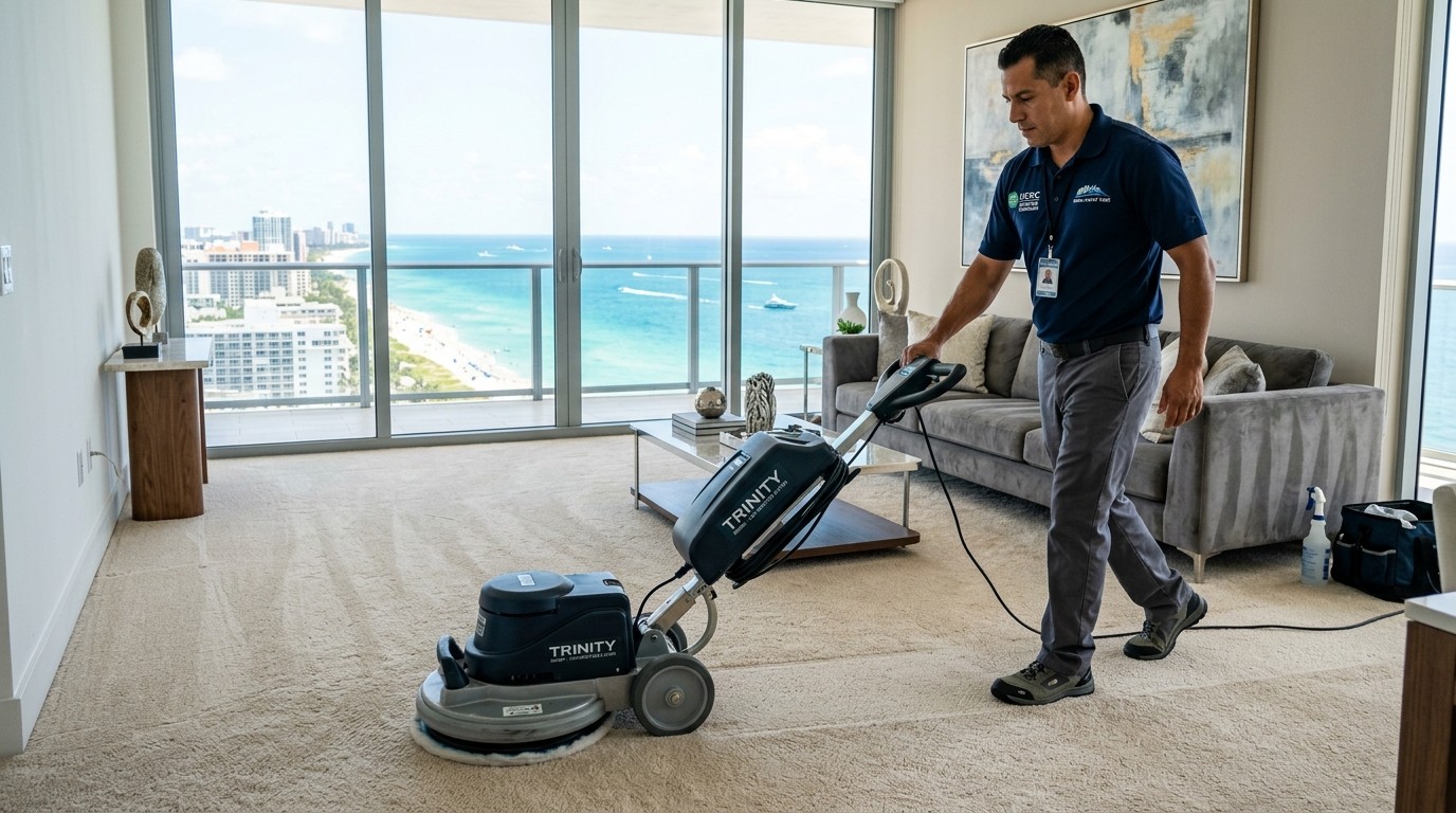 IICRC certified technician performing VLM low-moisture carpet cleaning in Miami luxury high-rise