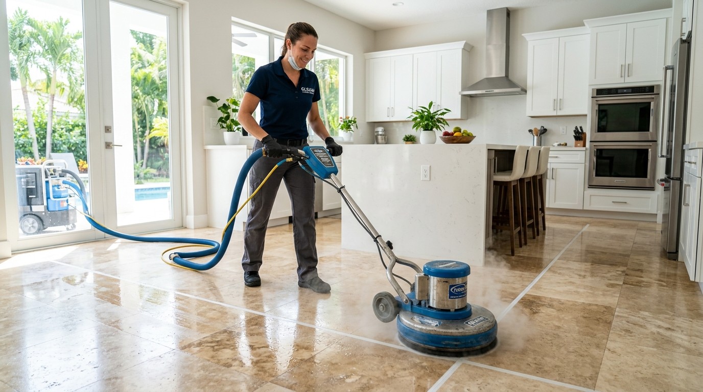Rotary pressure extraction deep cleaning travertine tile and grout lines in a luxury Miami home